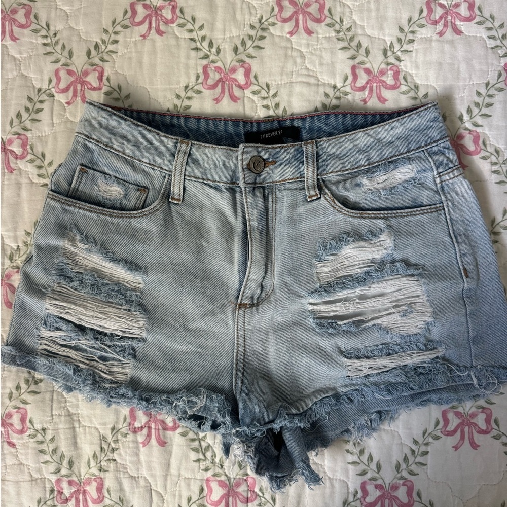 Forever 21 Light Blue Ripped Jean Shorts